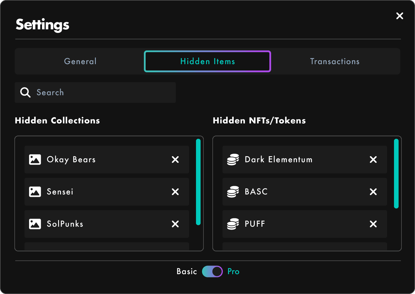 Hidden Items Settings
