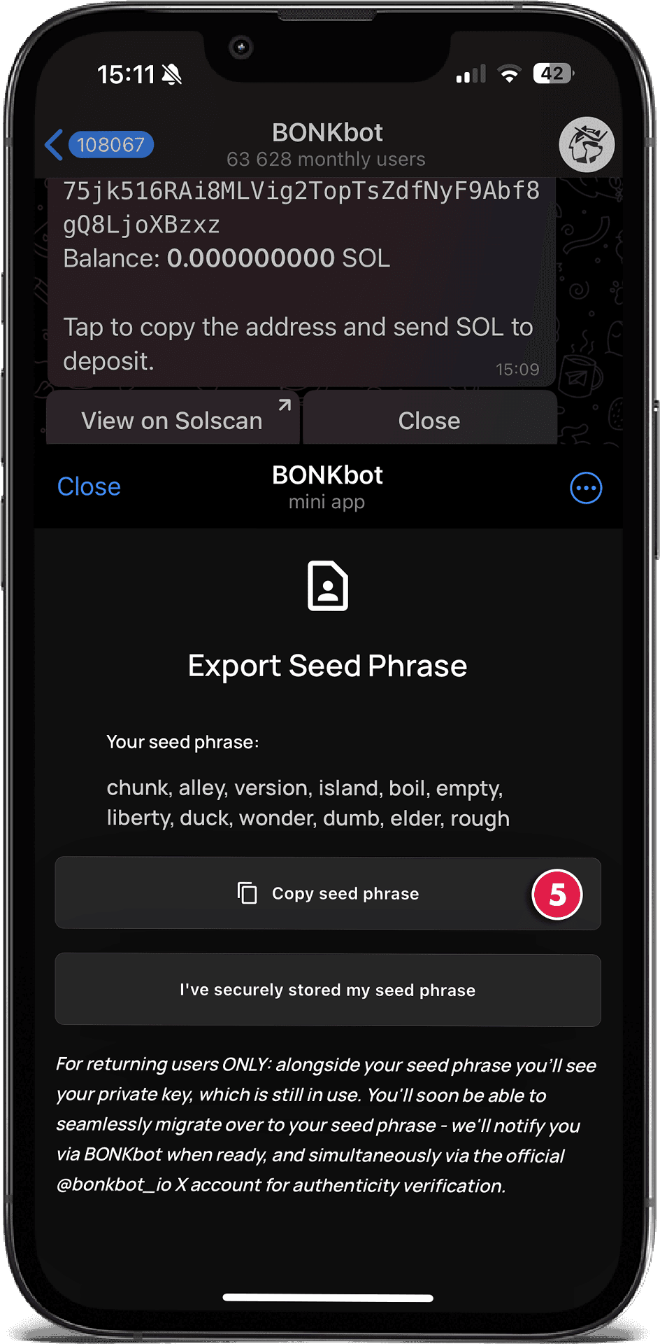 Copy seed phrase